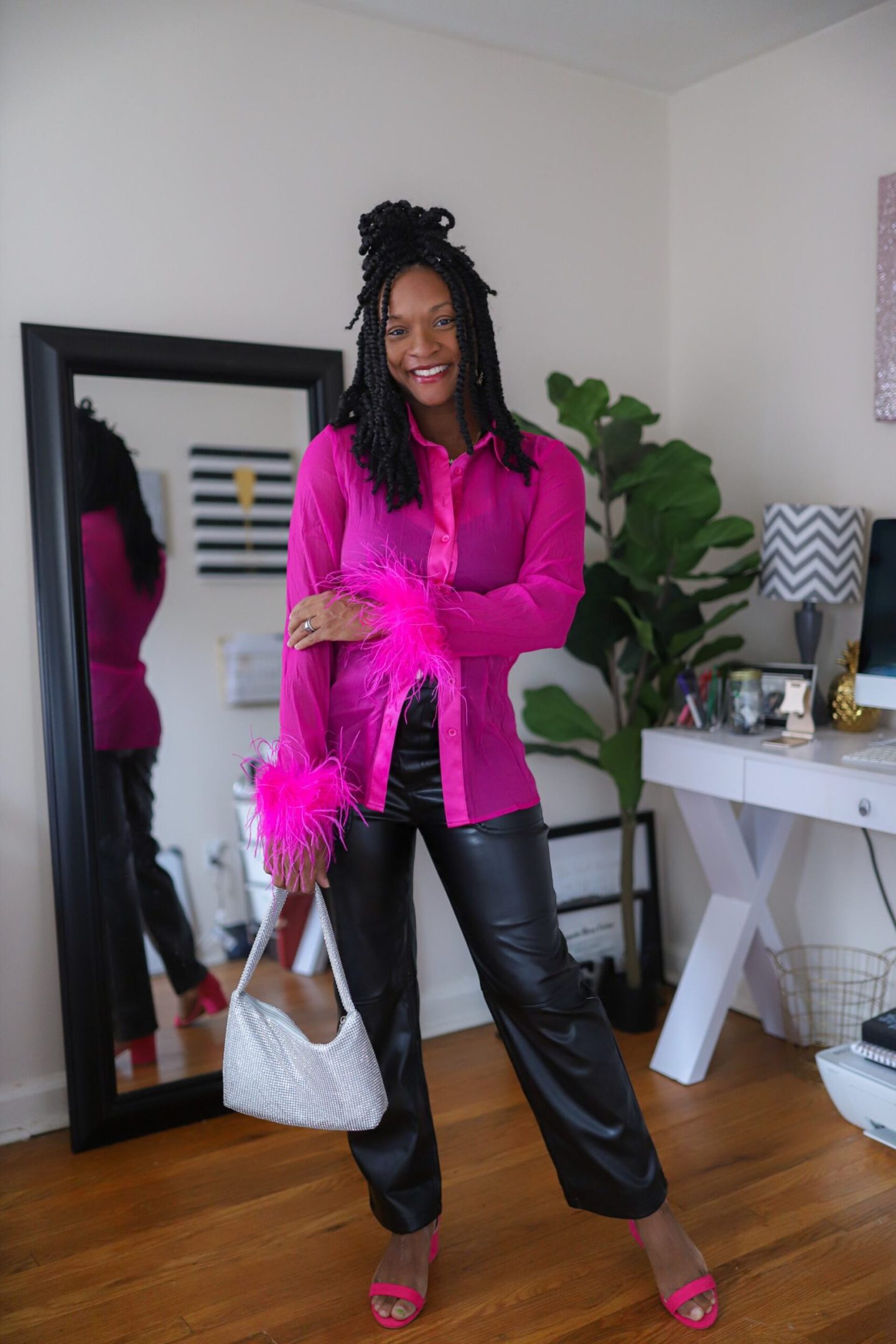 Party Ready Black Leather Pants with Feather Trim Shirt — Leather Pants Outfits