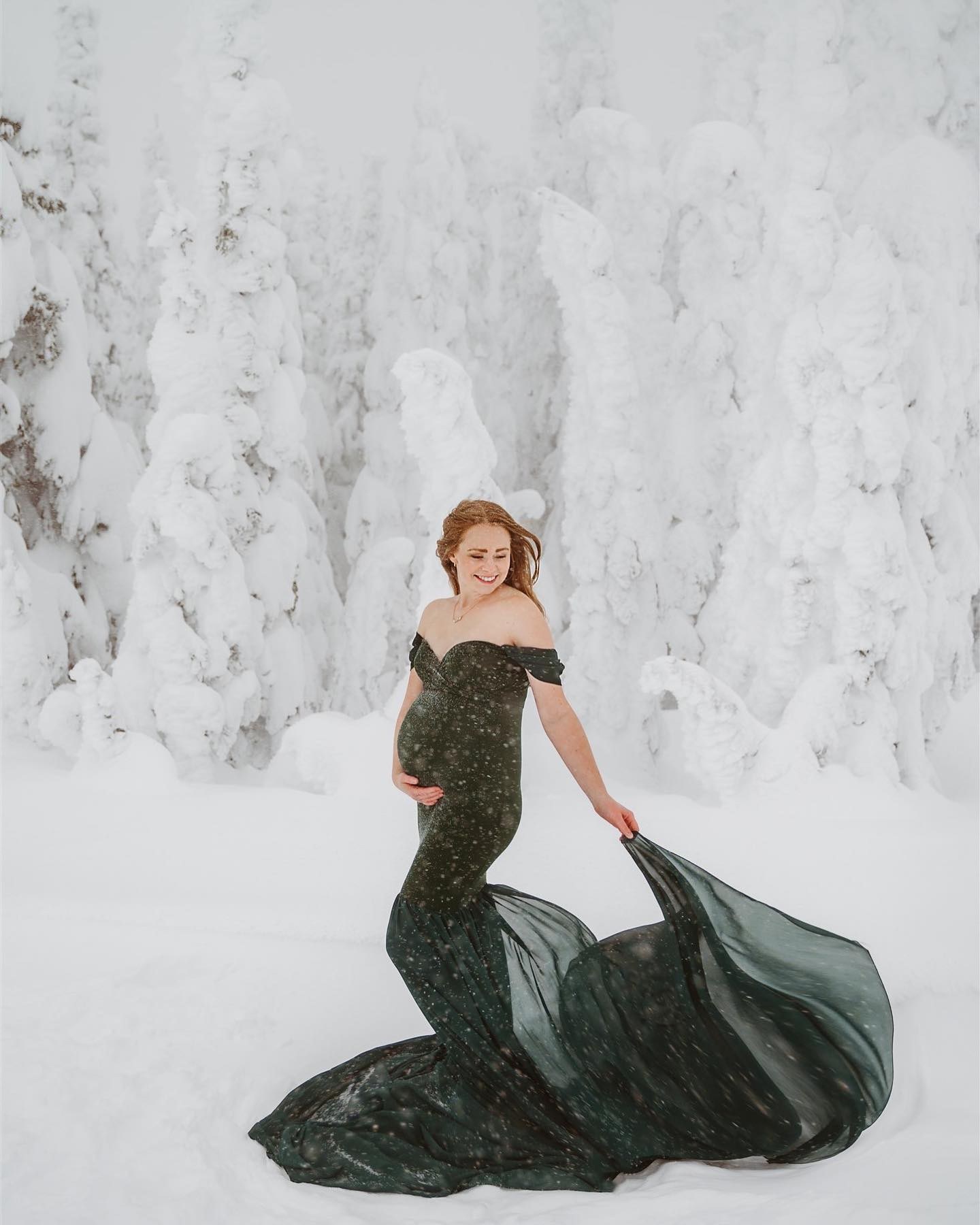 Dramatic Off-the-Shoulder Gown for a Snowy Forest Photoshoot — Winter Photoshoot Outfits