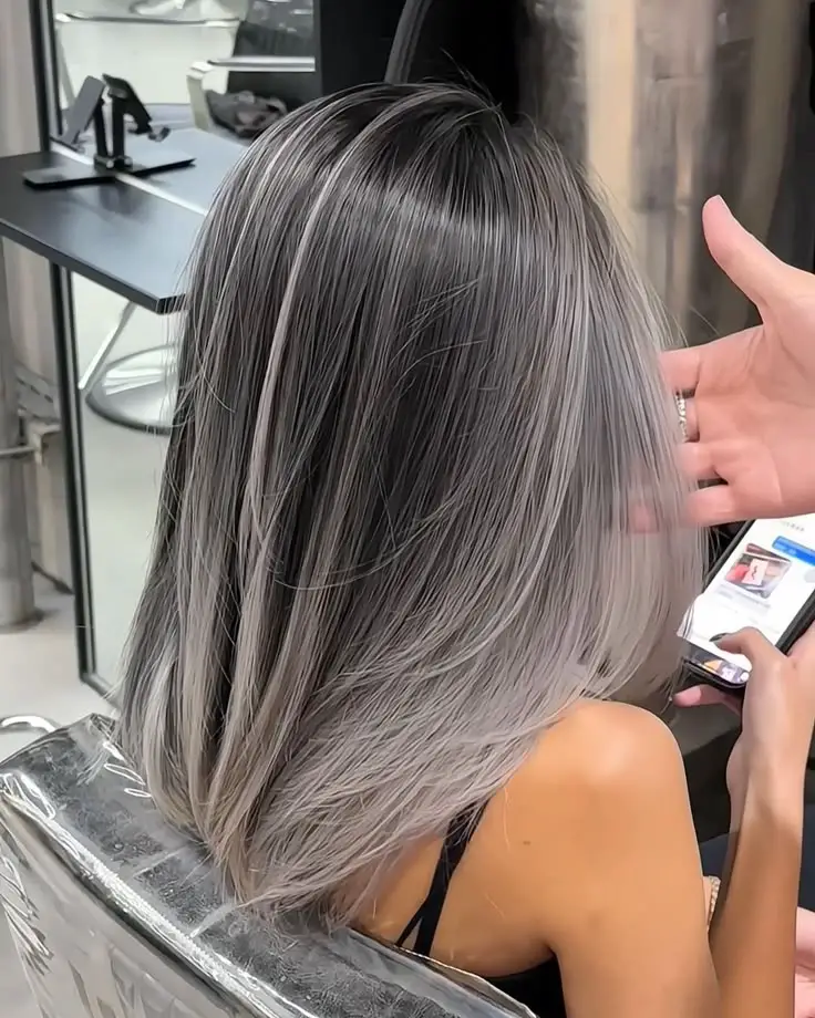 Sleek Bob With Gray Silver Ombre Sleek Bob With Gray Silver Ombre — Winter Hair Colors for Gray Hair