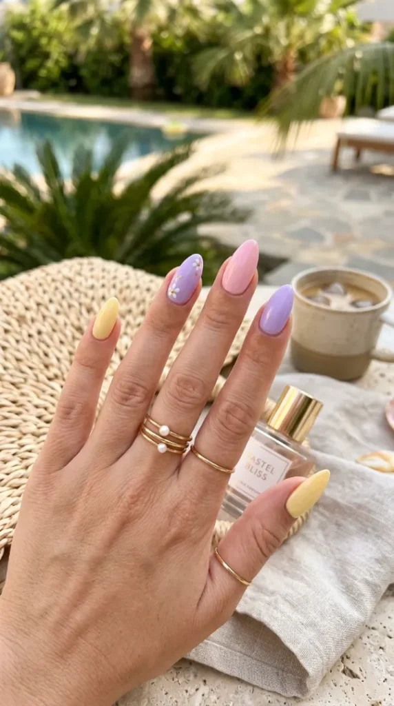 Medium Almond Pastel Floral Accents Medium Almond Pastel Floral Accents — Trendy Simple Nail Designs