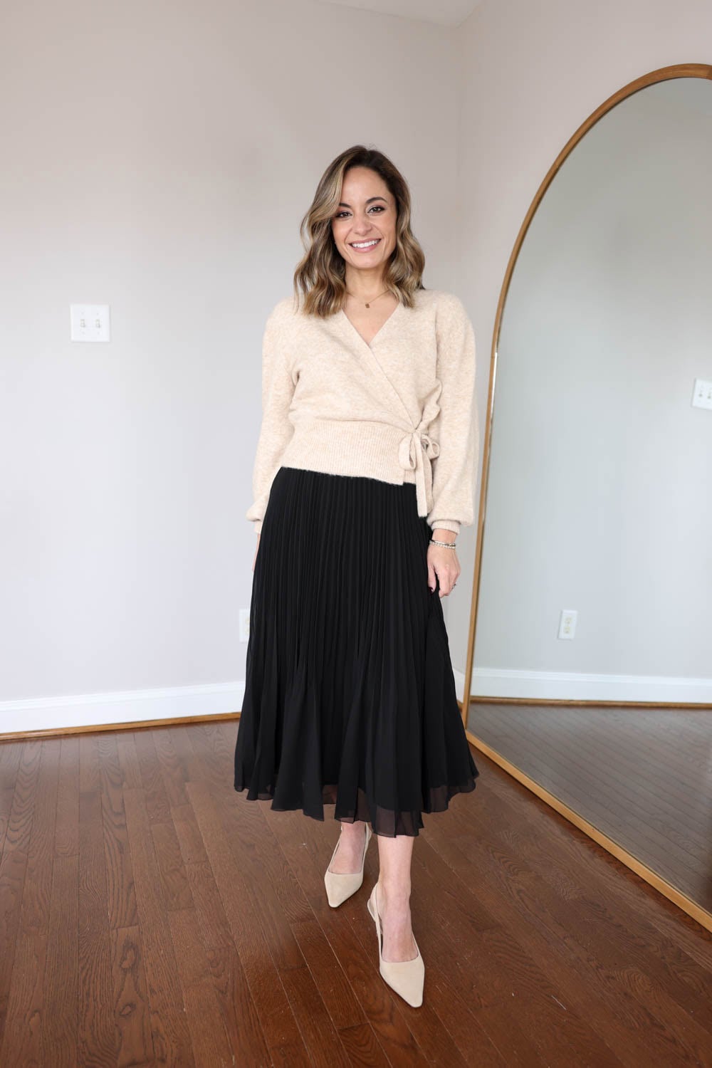Beige Wrap Sweater with Black Pleated Midi Skirt for Work — Neutral Winter Outfits