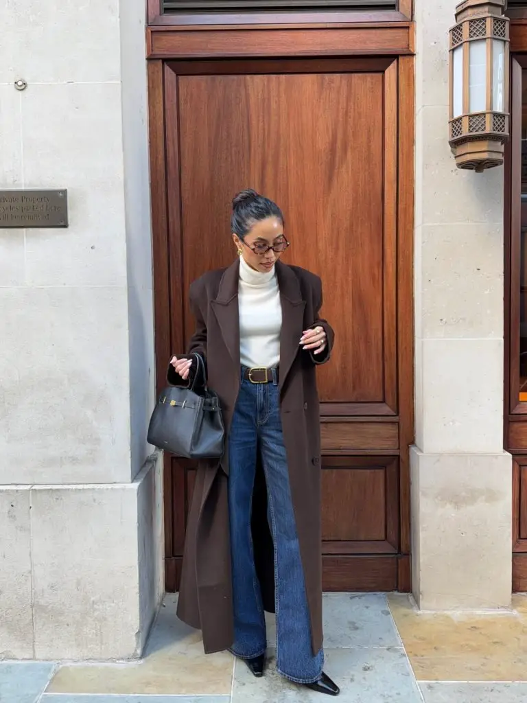 Classic Brown Wool Coat with Wide-Leg Jeans — Classy Winter Outfits