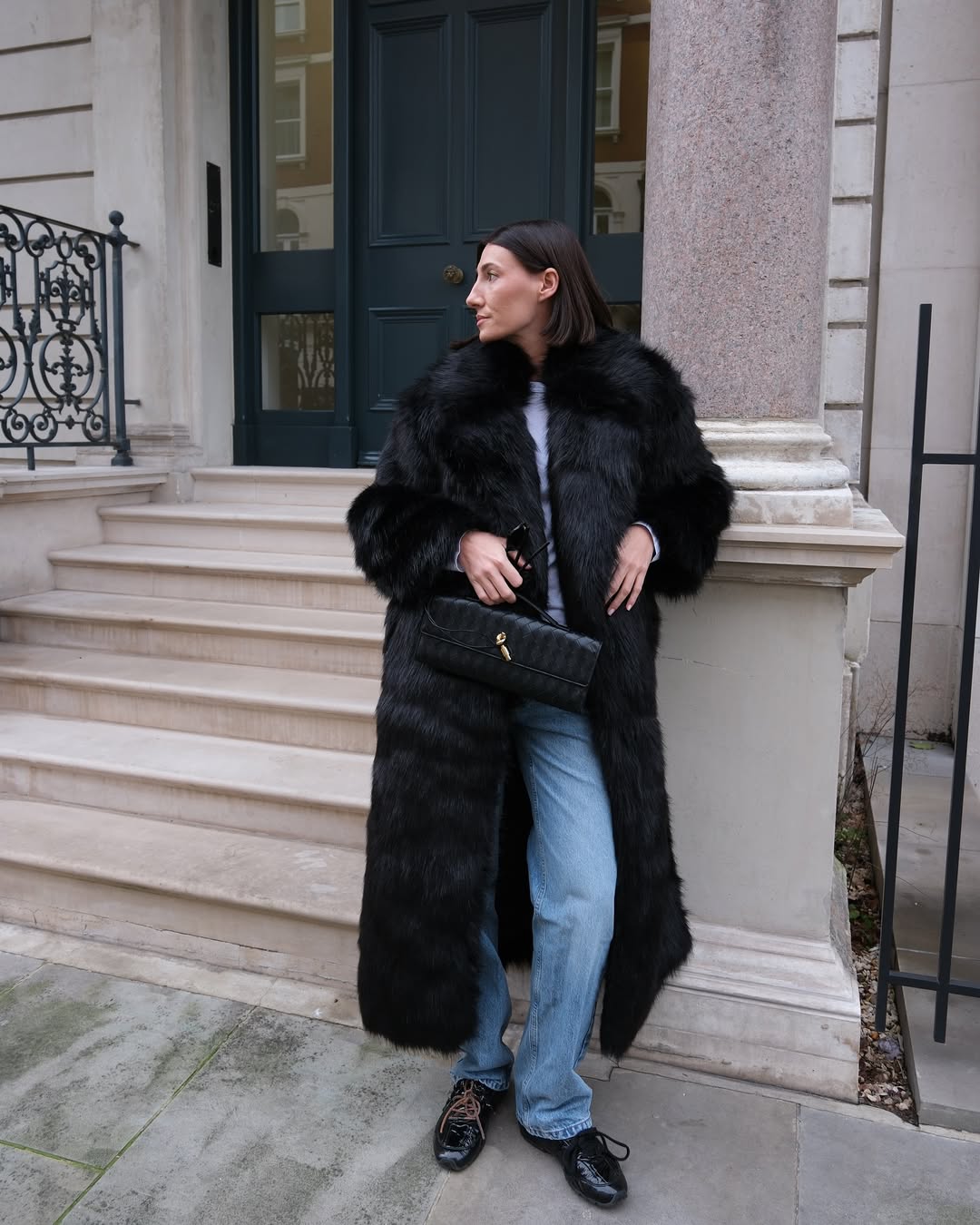 Black Faux Fur Long Coat with Jeans and Loafers — Long Coat Outfits