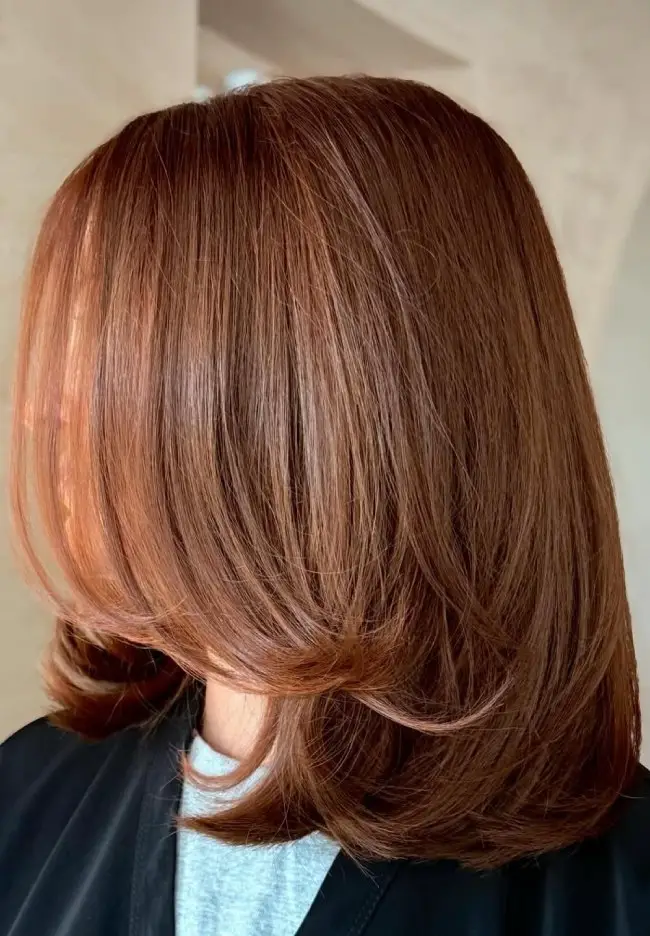 Chin Length Layered Bob With Copper Highlights — Cinnamon Brown Hair