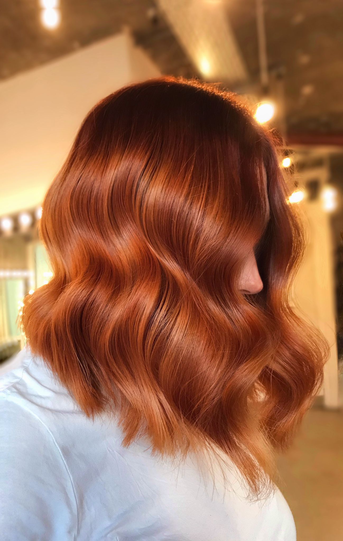 Glossy Copper Bob With Defined Waves Glossy Copper Bob With Defined Waves — Winter Copper Hair Color