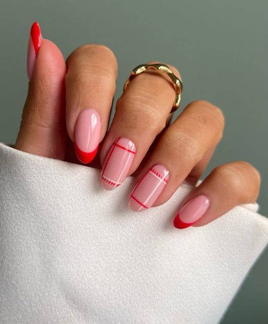 Red French Plaid Almond Nails — Everyday Winter Nails