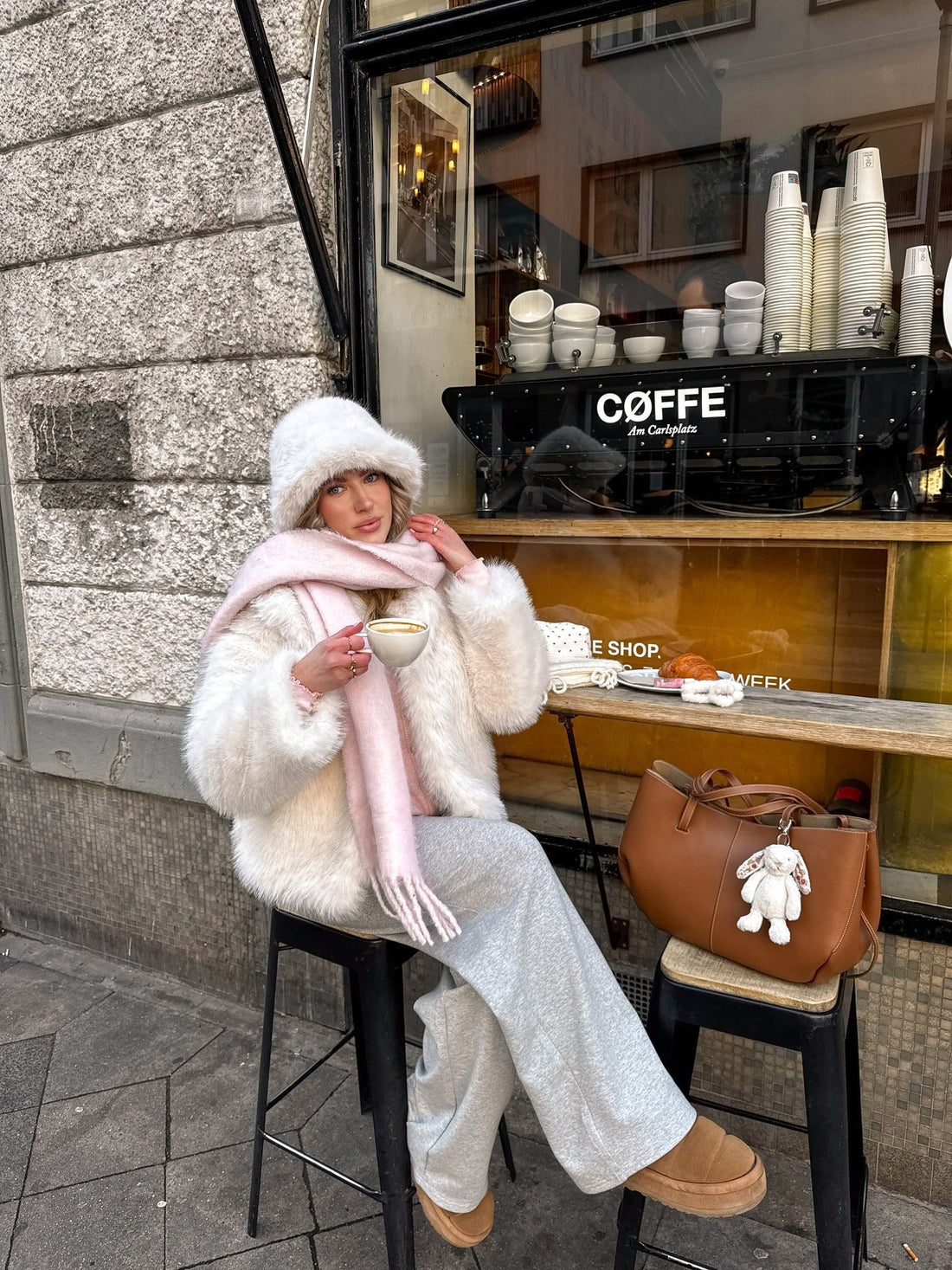 Cream Faux Fur Coat and Sweatpants for Ultimate Snow Day Comfort — Snow Day Outfits