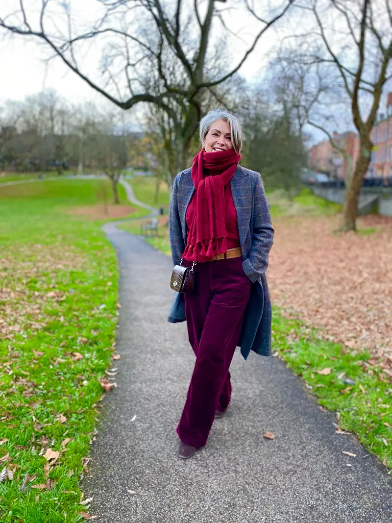 Cozy Burgundy Corduroy Trousers with a Patterned Coat Cozy Burgundy Corduroy Trousers with a Patterned Coat — Winter Teacher Outfits