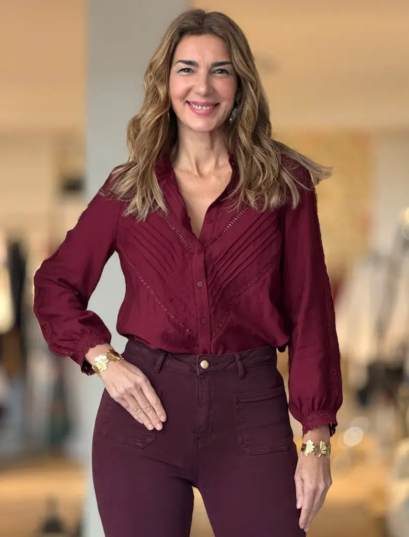Sophisticated Burgundy Blouse and High-Waisted Trousers with Gold Accents Sophisticated Burgundy Blouse and High-Waisted Trousers with Gold Accents — Burgundy Outfits