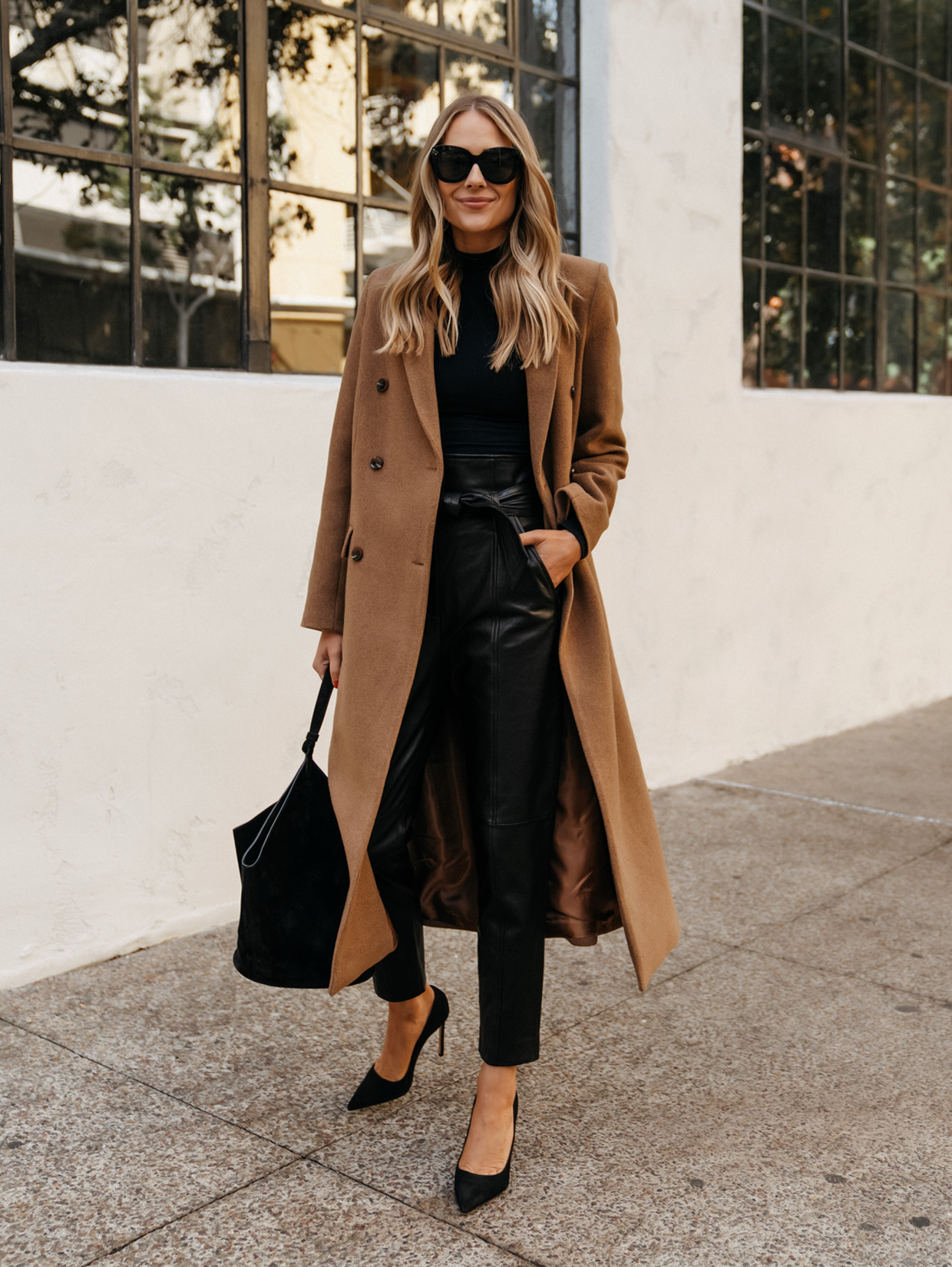 Camel Coat Over Black Turtleneck and Leather Pants Camel Coat Over Black Turtleneck and Leather Pants — Nashville Winter Outfits