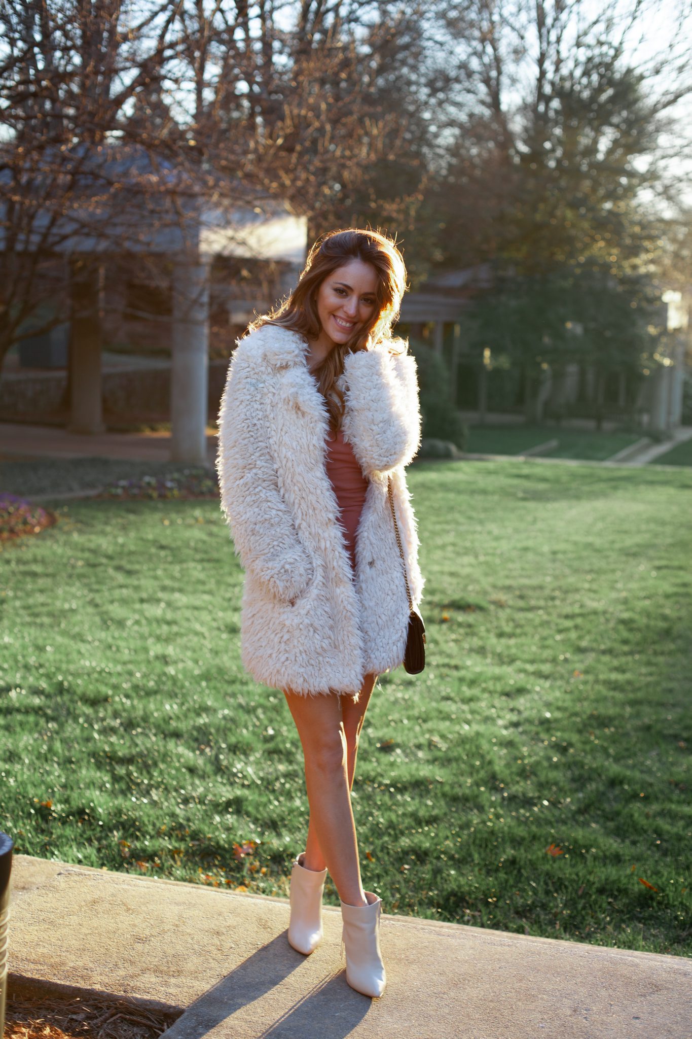 Cozy Fuzzy Coat Over a Pink Satin Mini Dress Cozy Fuzzy Coat Over a Pink Satin Mini Dress — Winter Date Night Outfits
