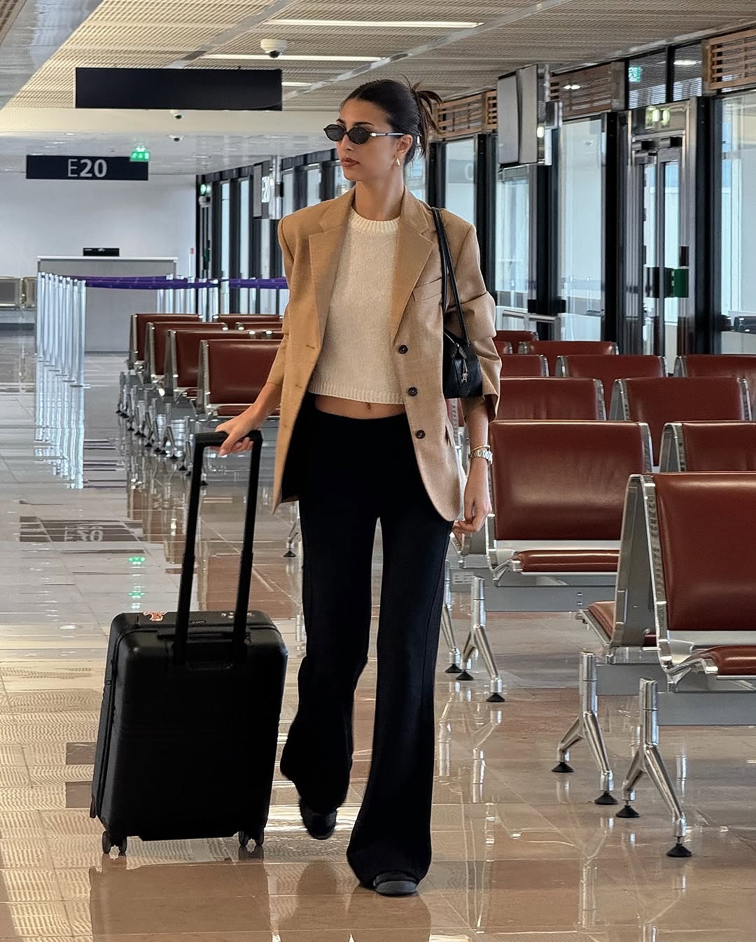 Camel Blazer with Knit Top and Wide-Leg Trousers Camel Blazer with Knit Top and Wide-Leg Trousers — Winter Airport Outfits