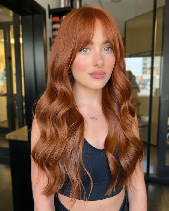 Deep Auburn Red with Curtain Bangs Deep Auburn Red with Curtain Bangs — Winter Red Hair Colors