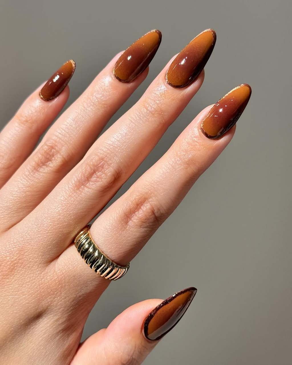 Warm Brown Ombre with Gold Glitter Line — Brown Nail Designs