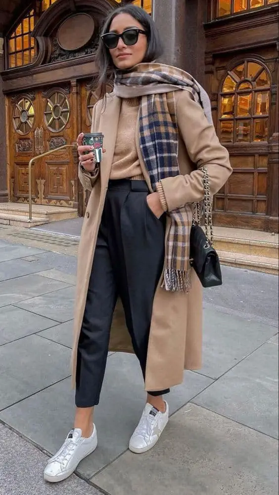 Beige Coat, Plaid Scarf, and White Sneakers: Smart Casual Contrast Beige Coat, Plaid Scarf, and White Sneakers: Smart Casual Contrast — Minimalist Winter Outfits