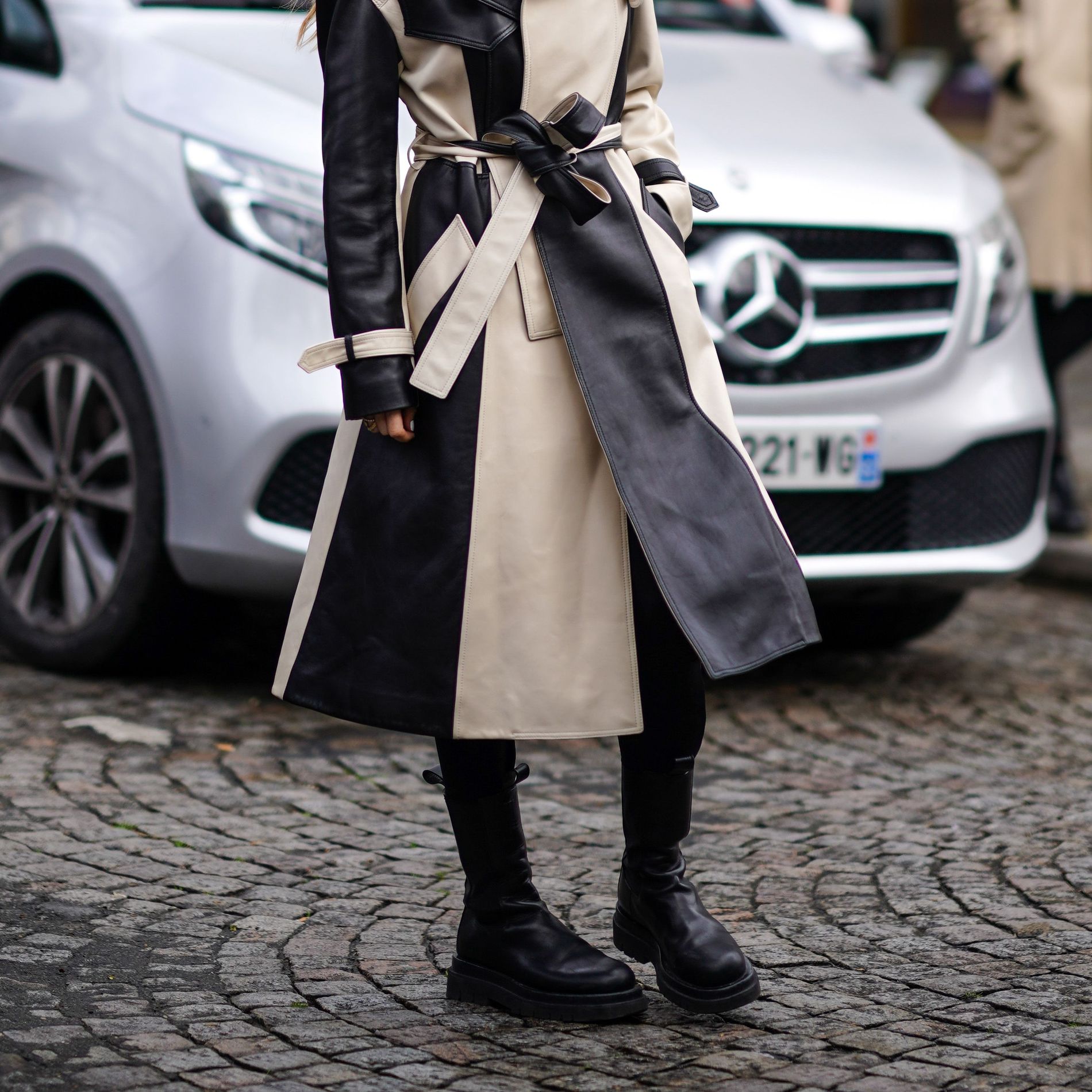Striking Two-Tone Leather Trench Coat — Scandinavian Winter Outfits