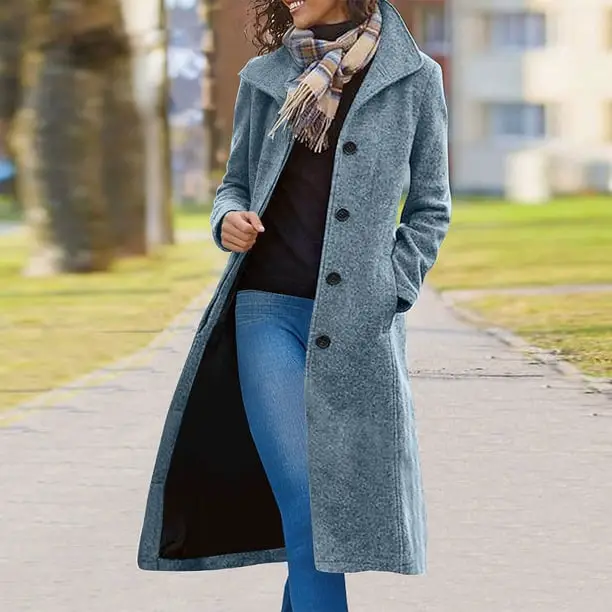 Long Grey Wool Coat Over Black Top and Blue Jeans — Casual Winter Outfits for Women Over 50