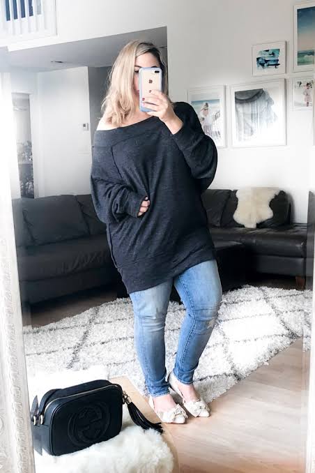 Off-the-Shoulder Top with Slim Jeans and Slip-Ons Off-the-Shoulder Top with Slim Jeans and Slip-Ons — Comfy Winter Outfits