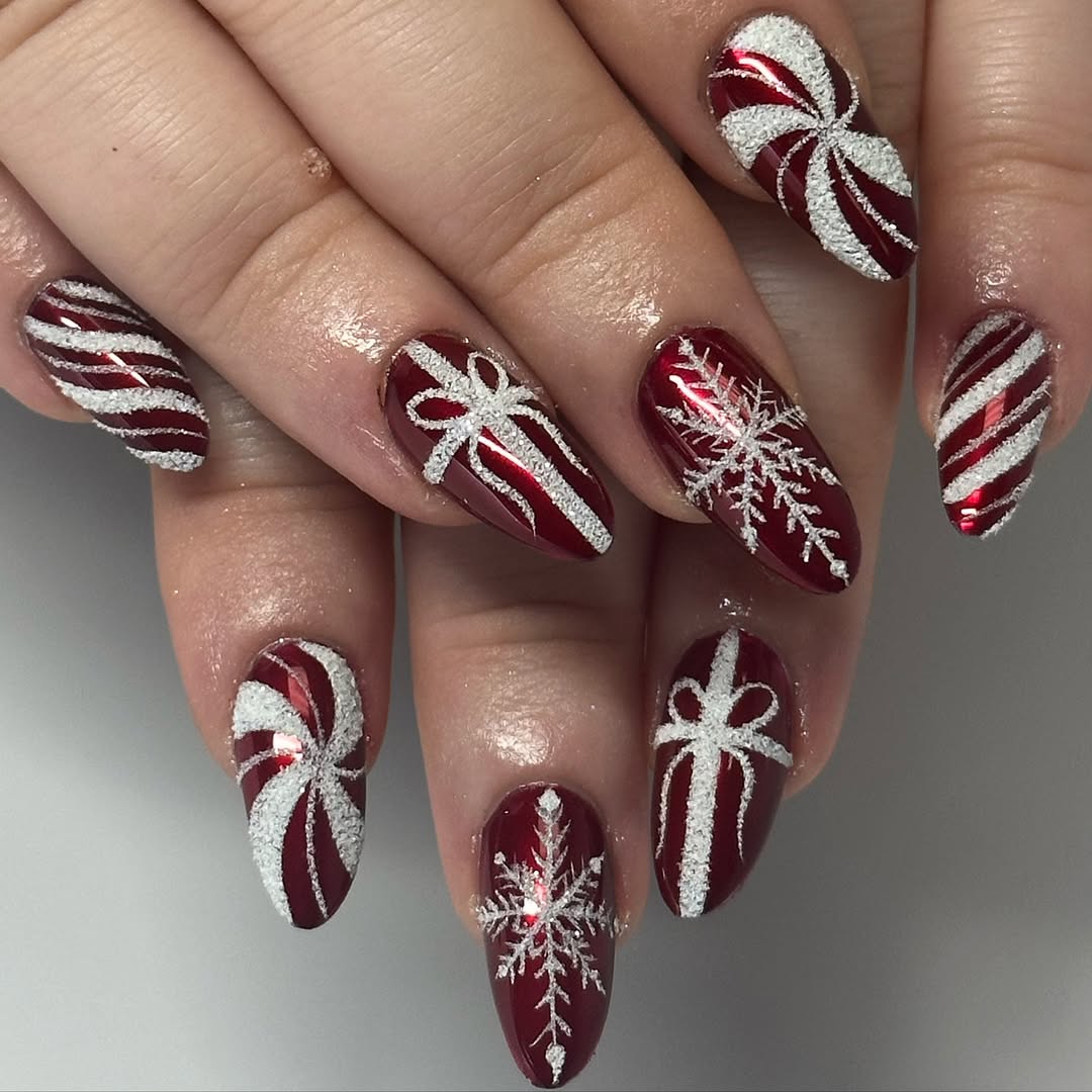 Deep Red Festive Art Coffin Nails Deep Red Festive Art Coffin Nails — Winter Acrylic Nails