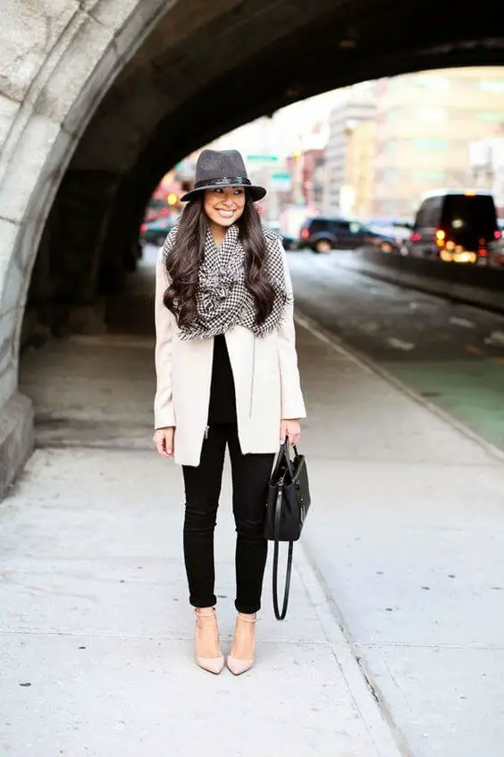 Polished Neutral: Cream Coat with Houndstooth Scarf Polished Neutral: Cream Coat with Houndstooth Scarf — Dressy Winter Outfits