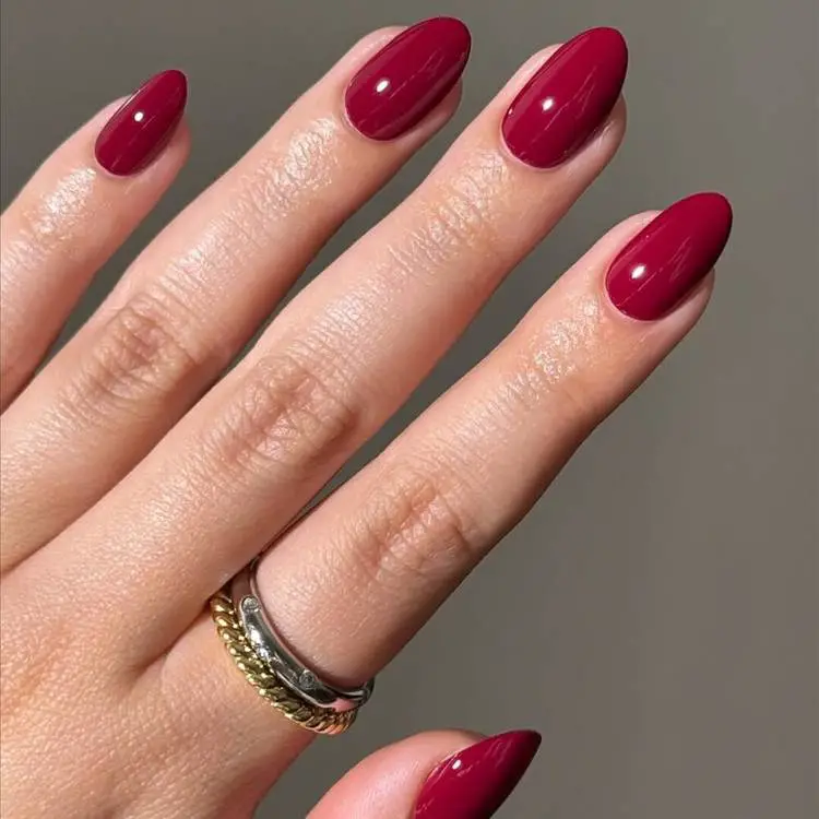 Deep Berry Red Medium Almond Nails Deep Berry Red Medium Almond Nails — Winter Nail Colors for Women Over 40