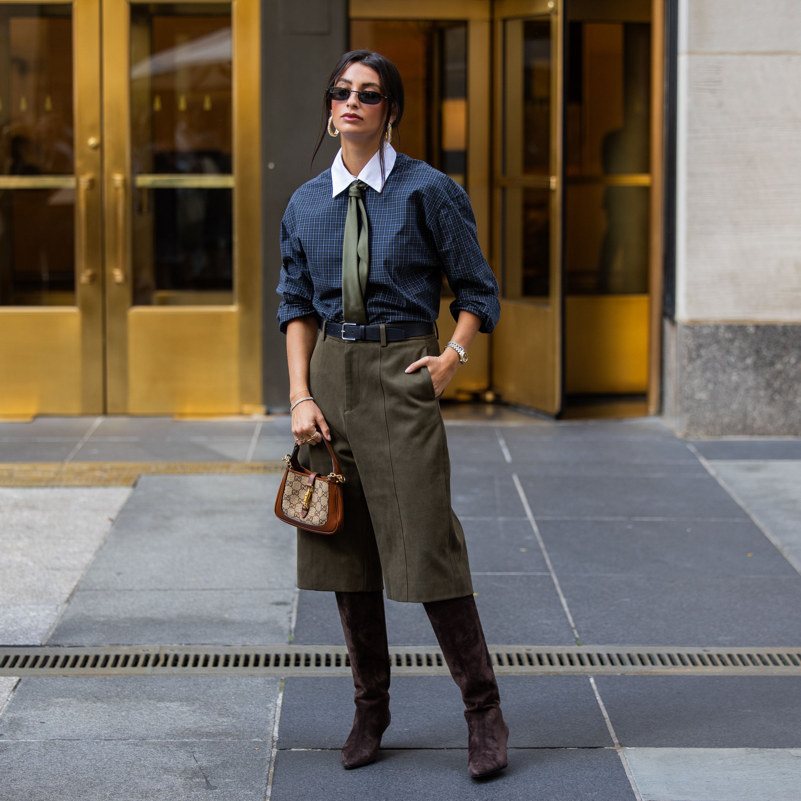 Dark Brown Suede Knee-High Boots with Culottes and Plaid Shirt Dark Brown Suede Knee-High Boots with Culottes and Plaid Shirt — Suede Boots Outfits