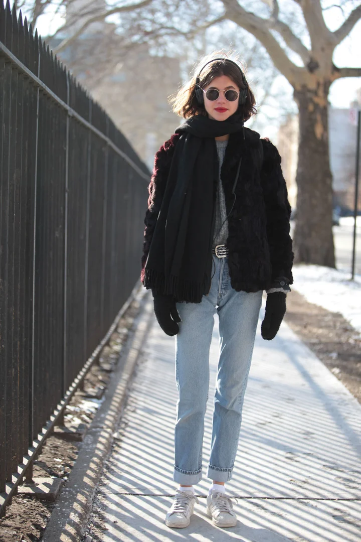 Monochromatic Black Faux Fur Jacket with Light Blue Jeans Monochromatic Black Faux Fur Jacket with Light Blue Jeans — NYC Winter Outfits