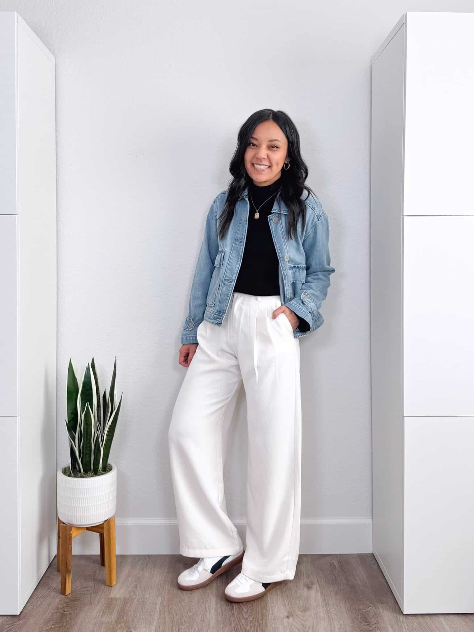 Denim Jacket and Wide-Leg Pants with White and Black Sneakers Denim Jacket and Wide-Leg Pants with White and Black Sneakers — Winter Outfits with Sneakers
