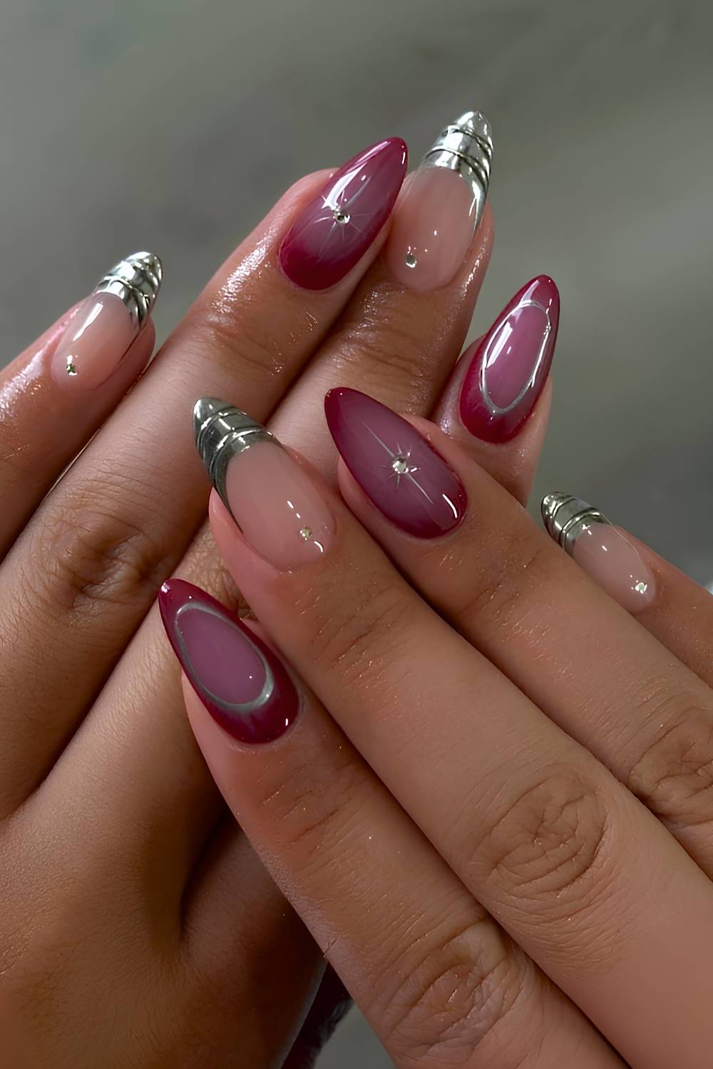 Burgundy Nude Geometric Nails With Rhinestones — Burgundy Nails