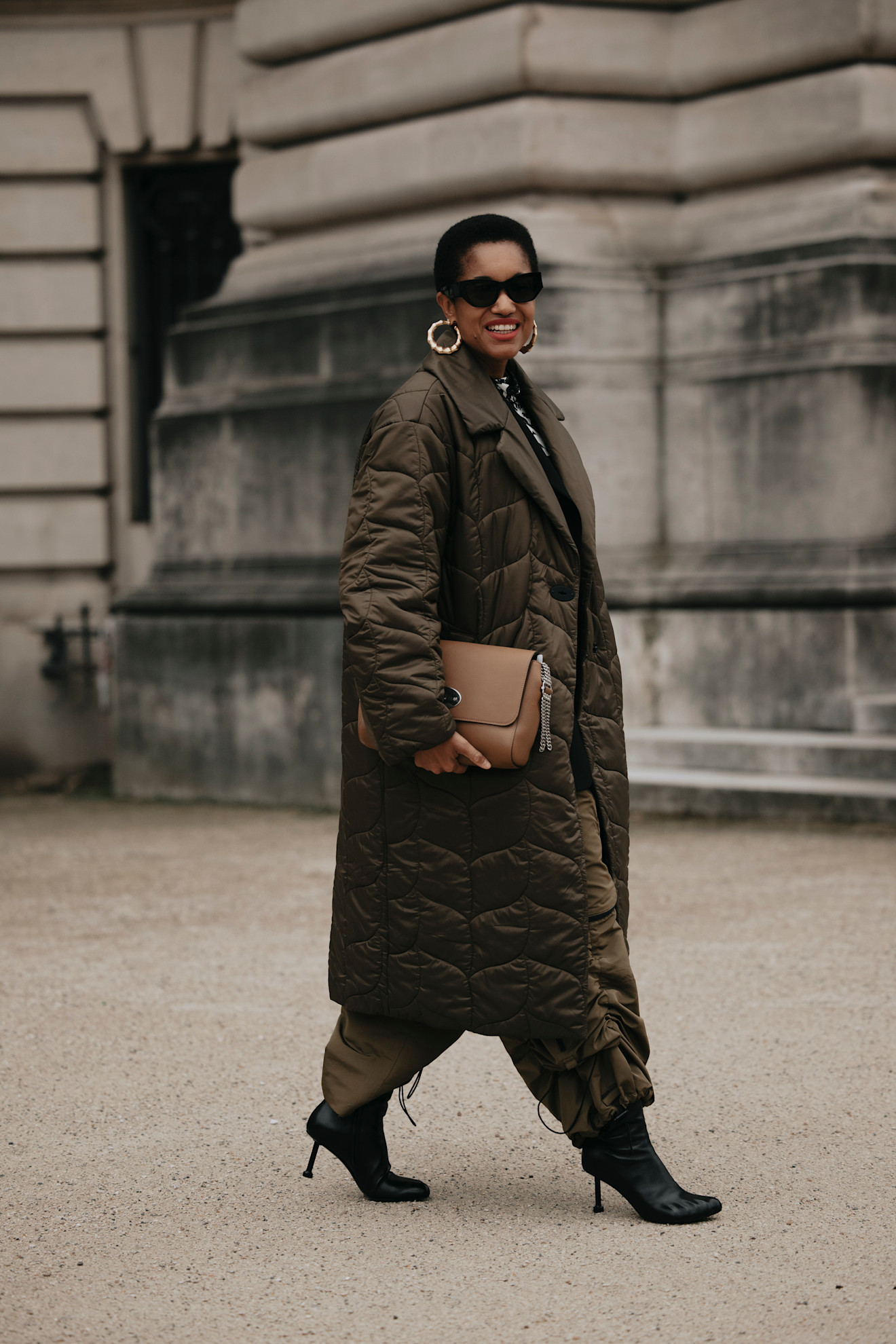 Olive Green Puffer with Matching Trousers and Heels Olive Green Puffer with Matching Trousers and Heels — Long Puffer Coat Outfits