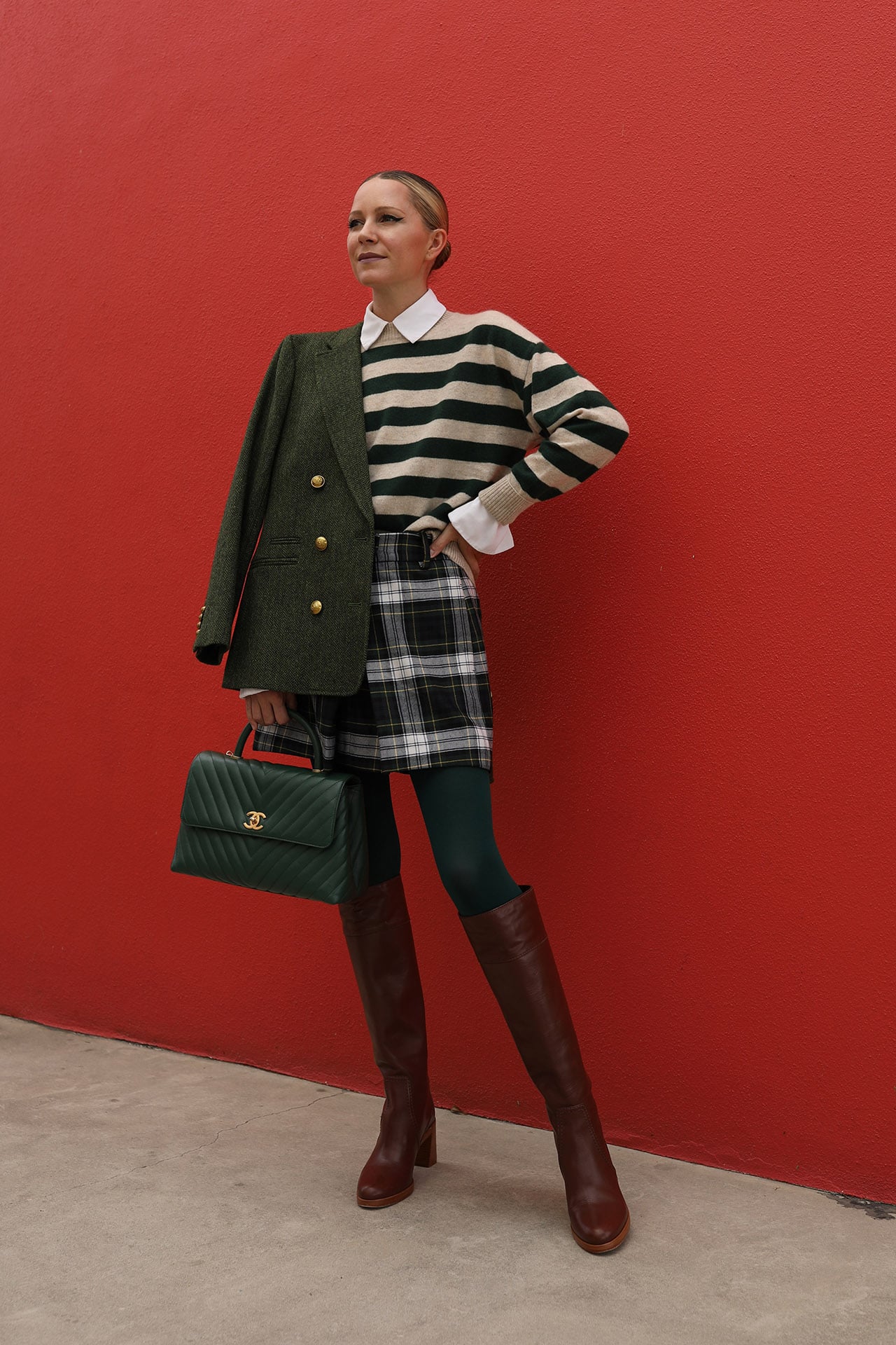 Tweed Blazer and Plaid Skirt for Smart Casual Charm Tweed Blazer and Plaid Skirt for Smart Casual Charm — Winter Outfits for Women Over 60