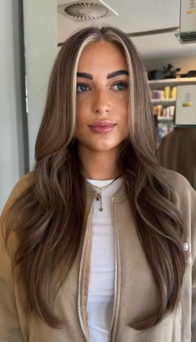 Mid-Back Dark Ash Brown With Creamy Blonde Money Piece Mid-Back Dark Ash Brown With Creamy Blonde Money Piece — Ash Brown Hair