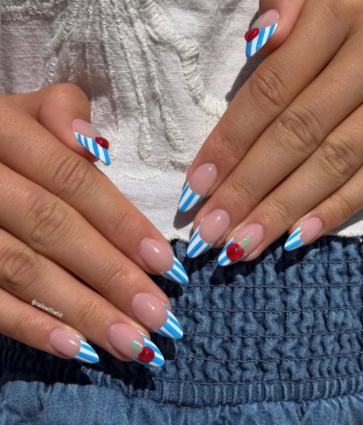 Striped Cherry French Stiletto Nails Striped Cherry French Stiletto Nails — Cute Nail Designs