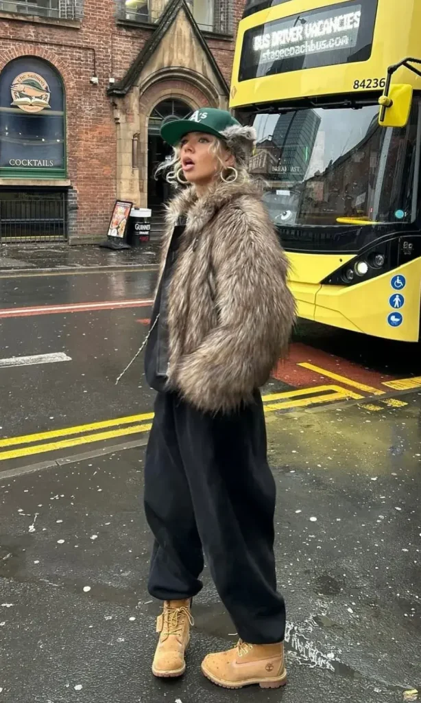 Black Sweatpants with Faux Fur Jacket and Timberland Boots Black Sweatpants with Faux Fur Jacket and Timberland Boots — Sweatpants Outfits