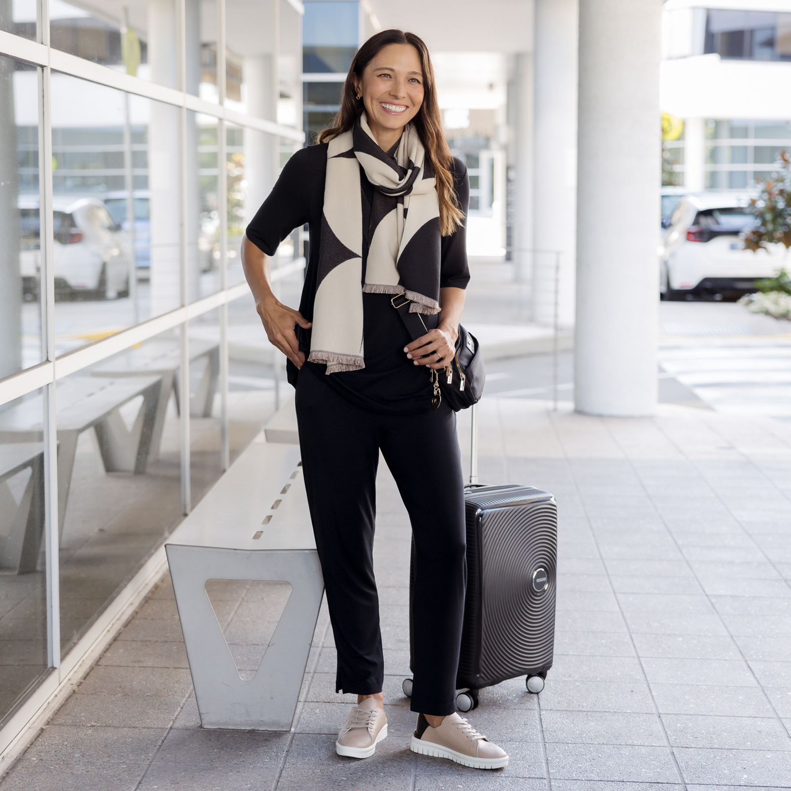 Black Set with Statement Scarf and Sneakers Black Set with Statement Scarf and Sneakers — Winter Airport Outfits