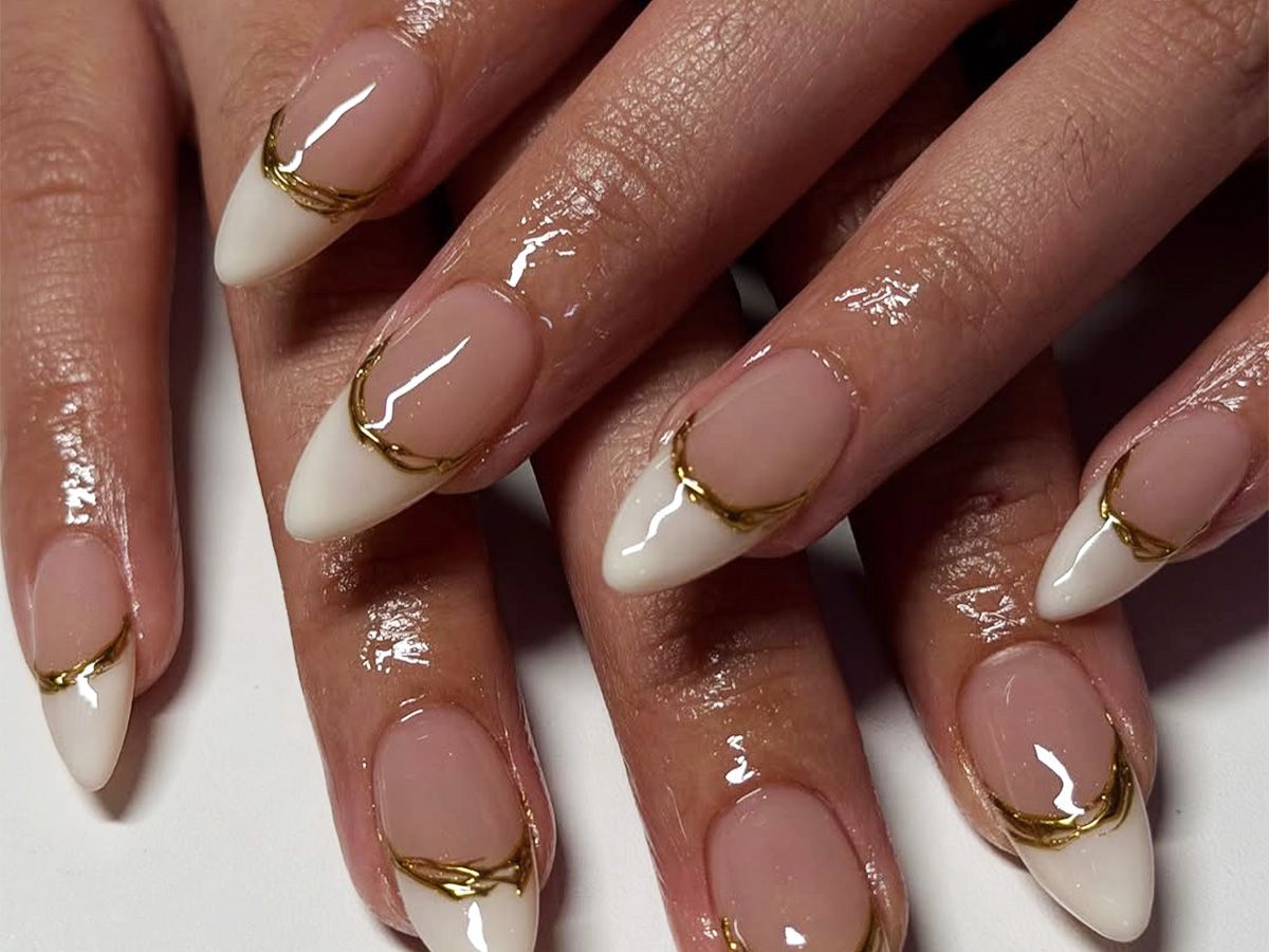 Gold Crescent Moon French Stilettos Gold Crescent Moon French Stilettos — Natural Winter Nails