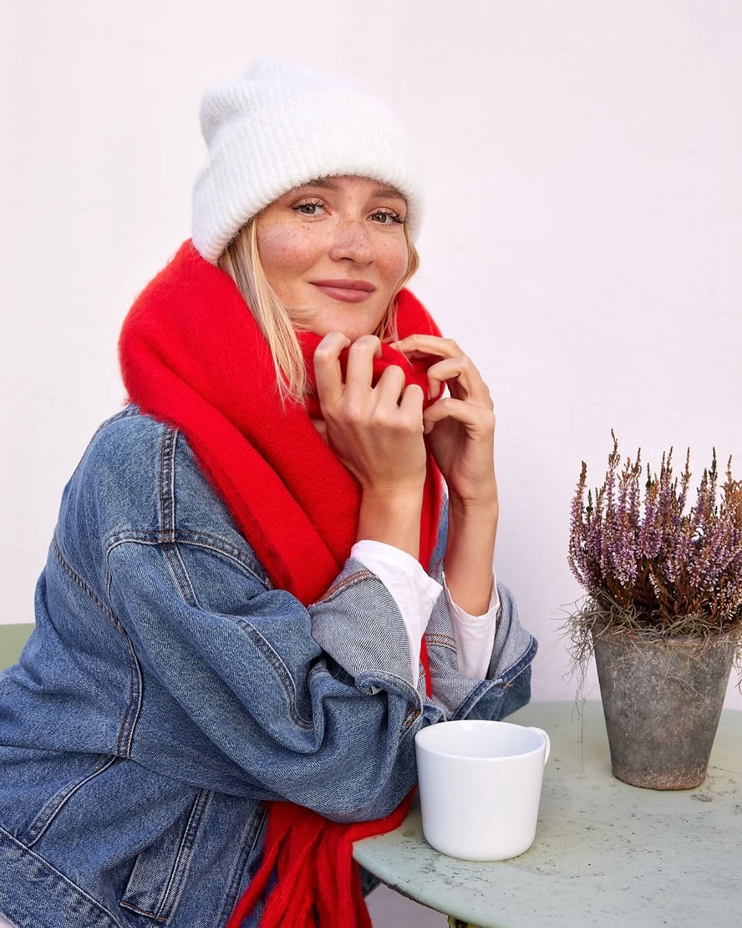 Denim Jacket, White Shirt, and Red Scarf with Beanie Denim Jacket, White Shirt, and Red Scarf with Beanie — Winter to Spring Transition Outfits