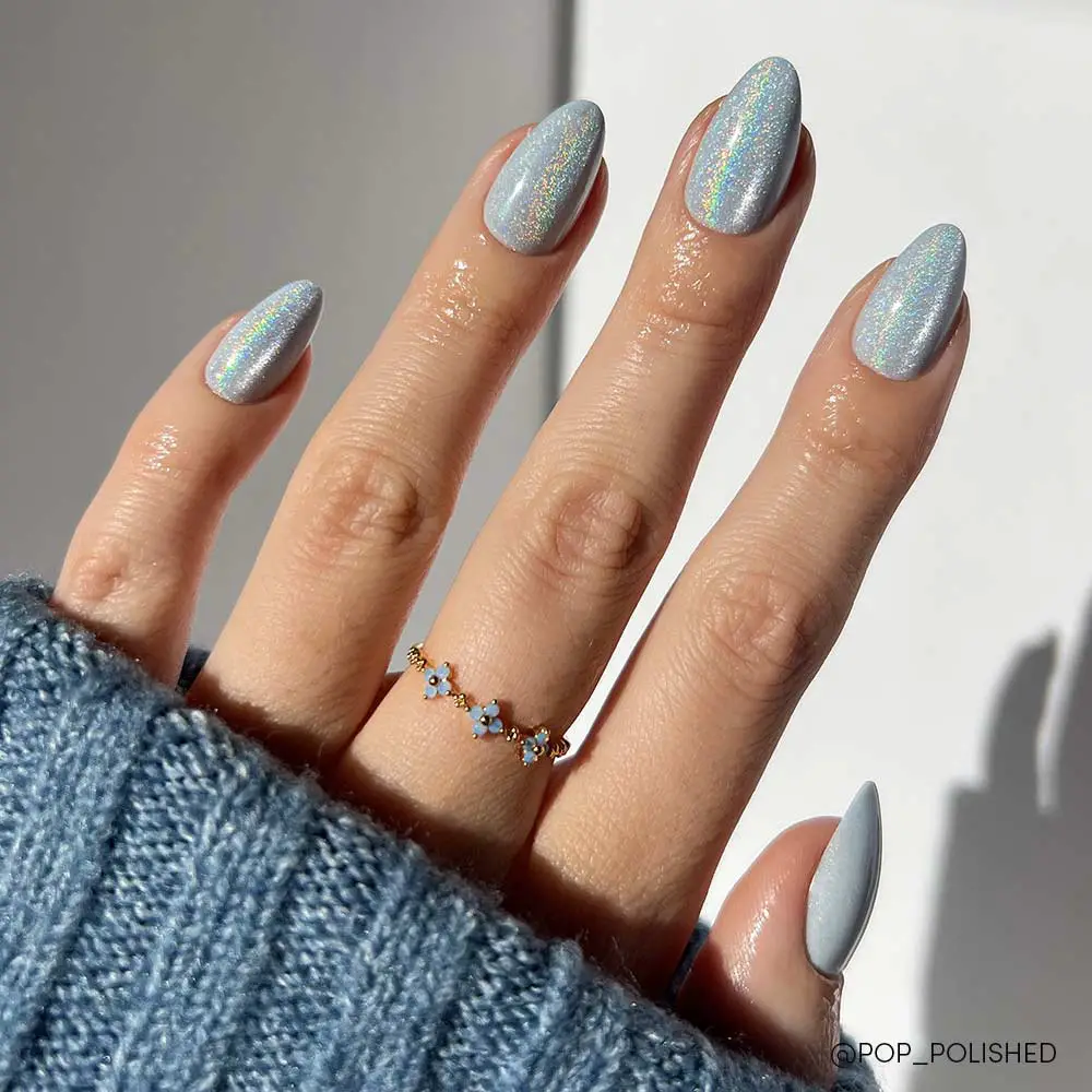 Pale Icy Blue Holographic Shimmer Almond Nails Pale Icy Blue Holographic Shimmer Almond Nails — Icy Blue Nails