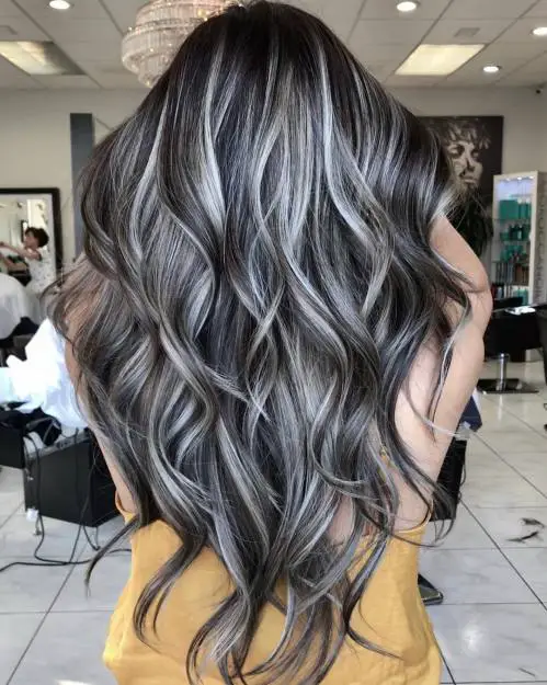 Long Dark Base With Silver Highlights Long Dark Base With Silver Highlights — Winter Hair Colors for Gray Hair