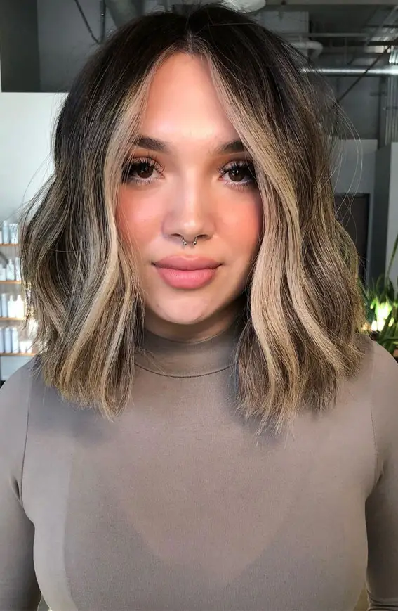 Textured Lob with Balayage Highlights and Mock Neck Top Textured Lob with Balayage Highlights and Mock Neck Top — Trendy Haircuts for Women