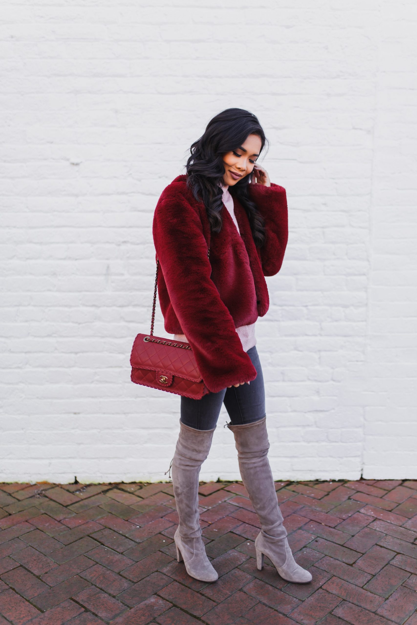 Vibrant Red Faux Fur Coat with Over-the-Knee Boots Vibrant Red Faux Fur Coat with Over-the-Knee Boots — Faux Fur Coat Outfits
