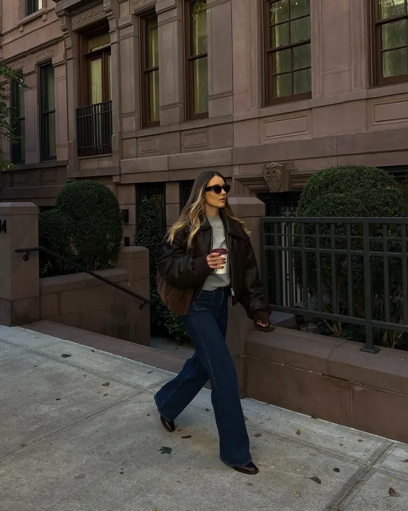 Brown Bomber Jacket with Grey Tee and Flared Jeans Brown Bomber Jacket with Grey Tee and Flared Jeans — Nashville Winter Outfits