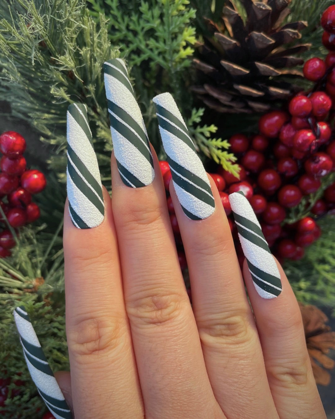 Textured Candy Cane French Tips Textured Candy Cane French Tips — Winter Acrylic Nail Colors
