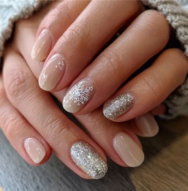 Sheer Nude Snowflake Glitter Oval Nails Sheer Nude Snowflake Glitter Oval Nails — Classy Winter Nails