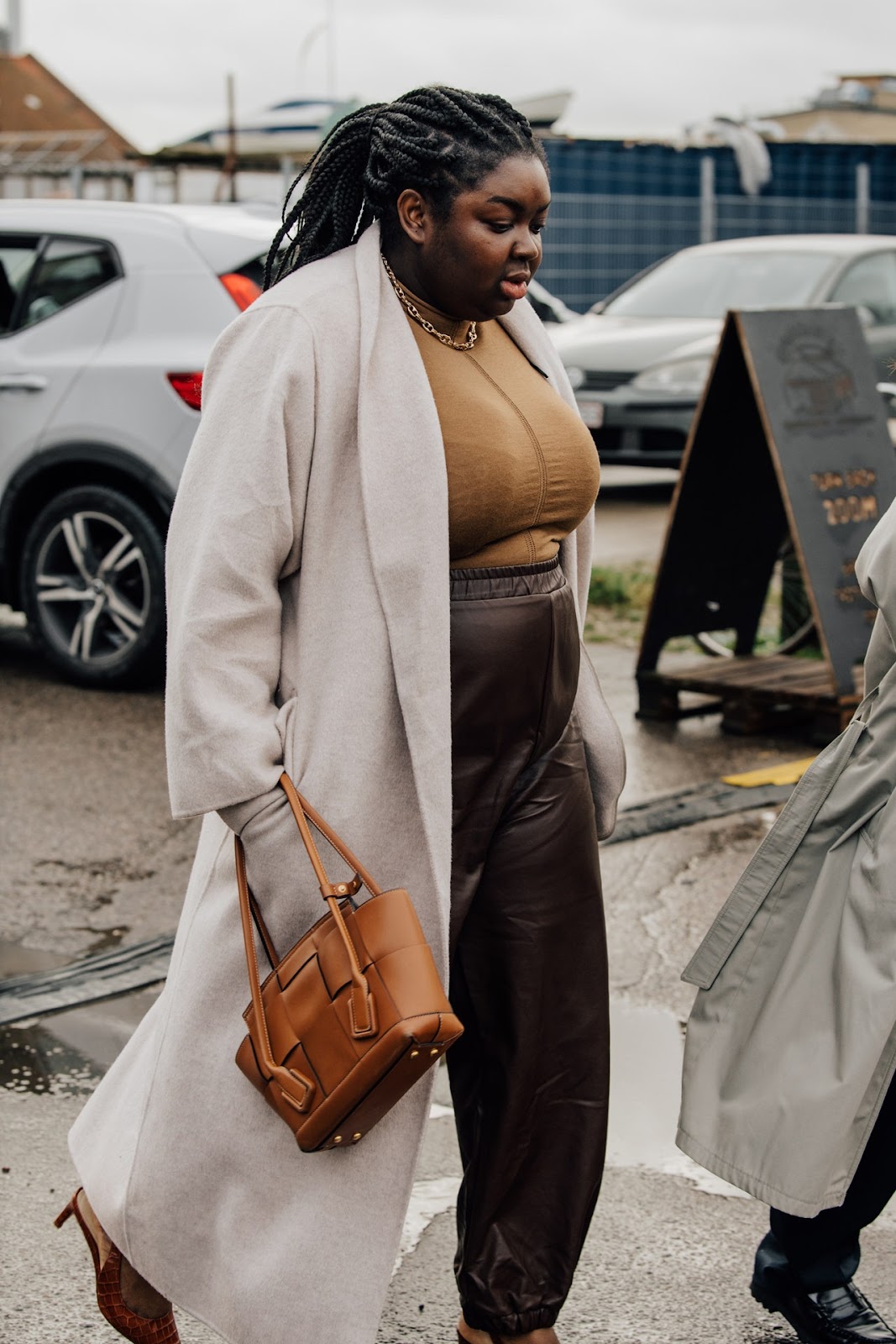 Long Light Grey Coat Over Faux Leather Pants — Neutral Winter Outfits
