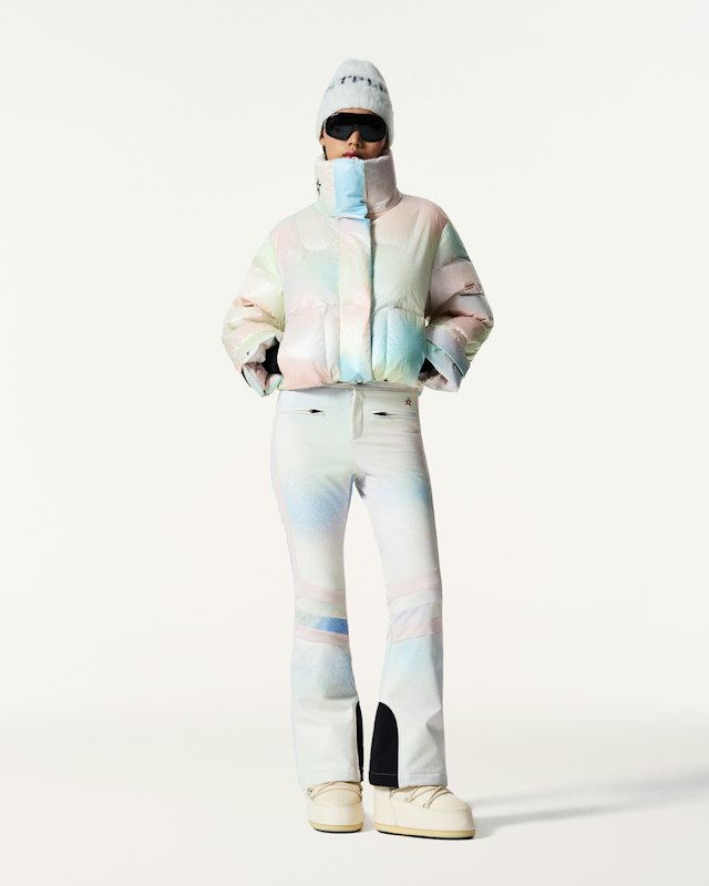 Pastel Tie-Dye Puffer Jacket and Flared Ski Pants Pastel Tie-Dye Puffer Jacket and Flared Ski Pants — Ski Outfits