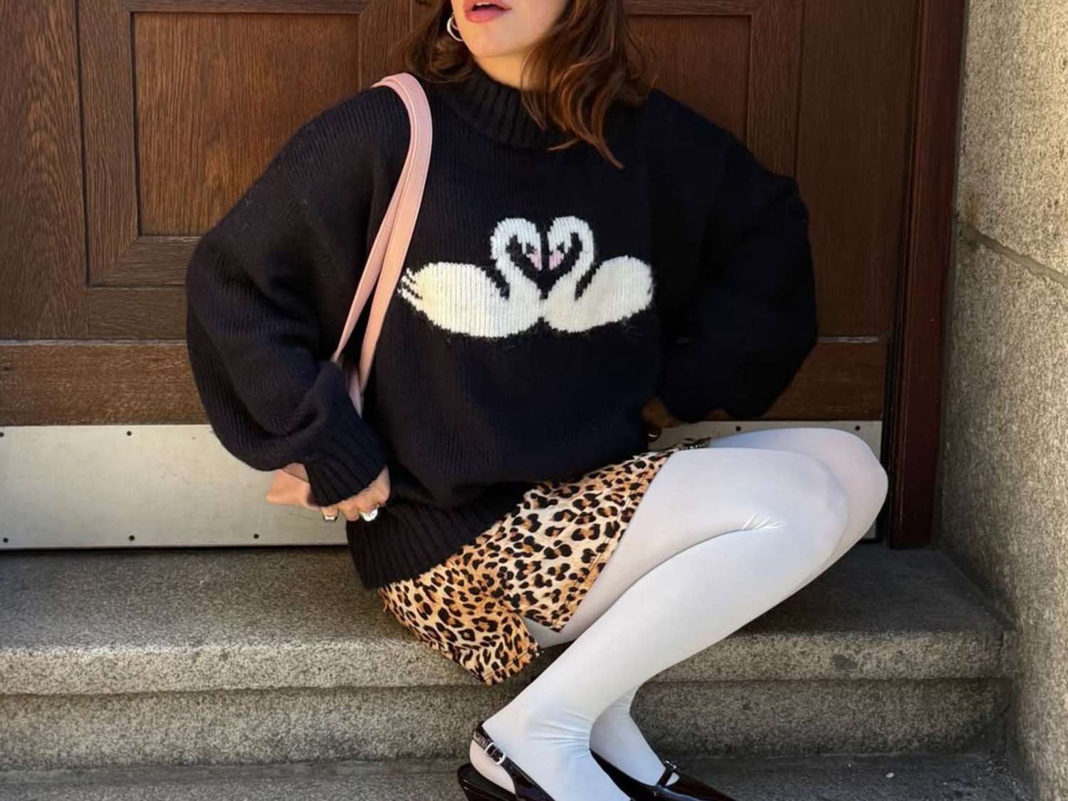White Opaque Tights with Leopard Skirt and Graphic Sweater — Tights Outfits