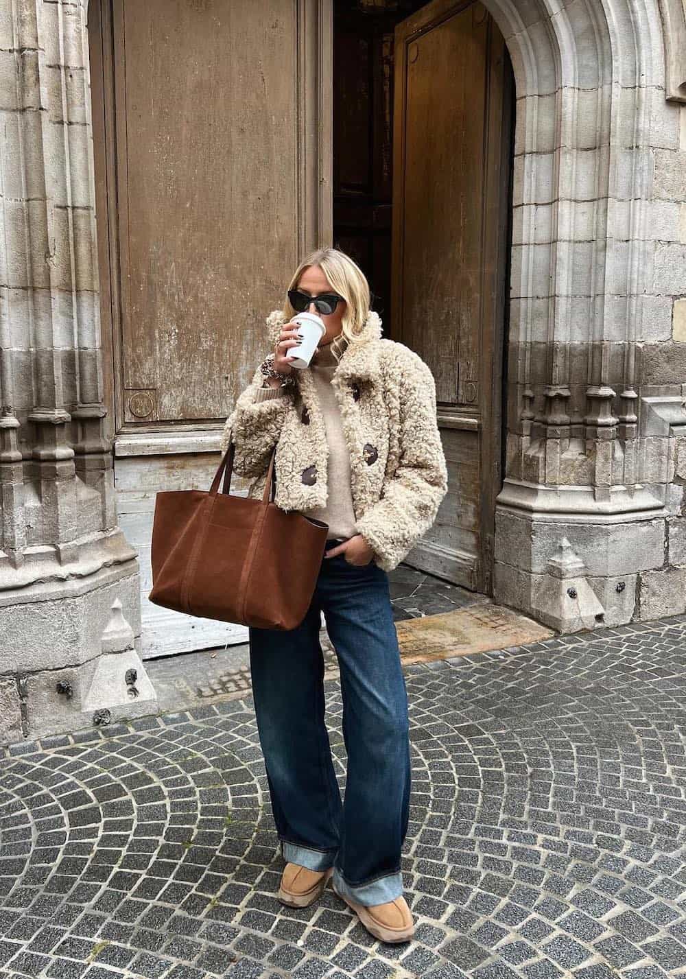 Textural Contrast: Dark Jeans with a Shearling Jacket Textural Contrast: Dark Jeans with a Shearling Jacket — Winter Outfits with Jeans