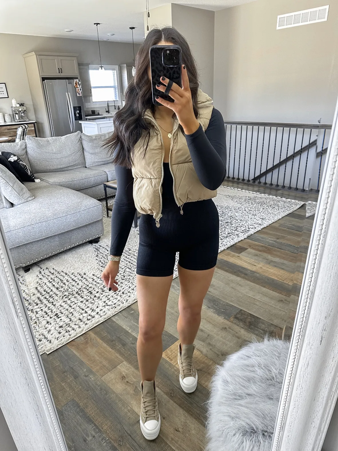 Tan Cropped Vest with Ribbed Shorts and Sneakers Tan Cropped Vest with Ribbed Shorts and Sneakers — Puffer Vest Outfits