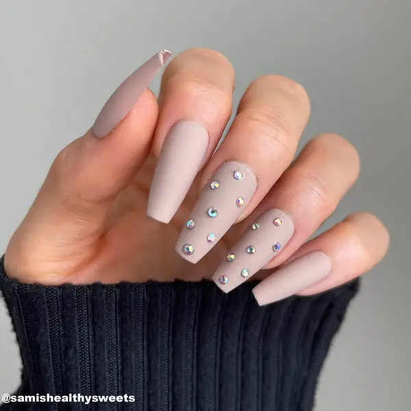 Matte Beige Rhinestone Coffin Nails Matte Beige Rhinestone Coffin Nails — Coffin Nail Designs